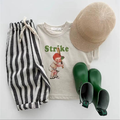 Vintage Linen Cotton Stripe Pants for Boys Casual Pocket Design Elastics Waist Pants for Toddler Girl Clothing Children Trousers