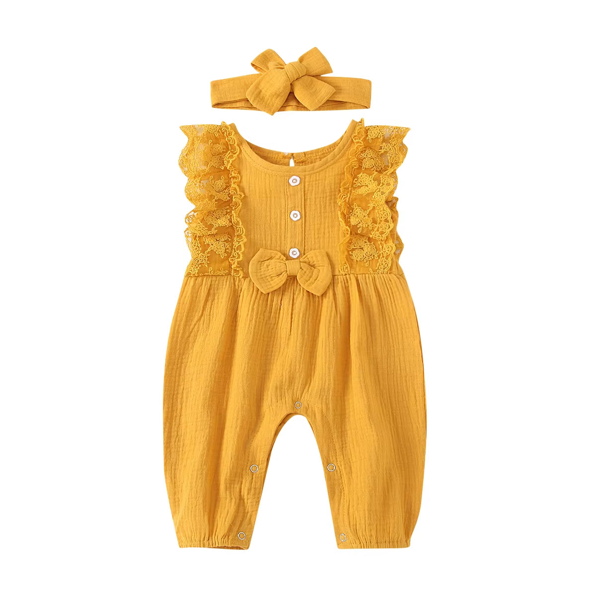LunaLinen – Baby Girl Cotton Romper & Headdress Set