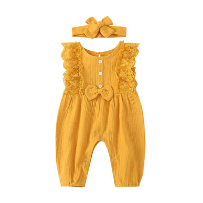 LunaLinen – Baby Girl Cotton Romper & Headdress Set