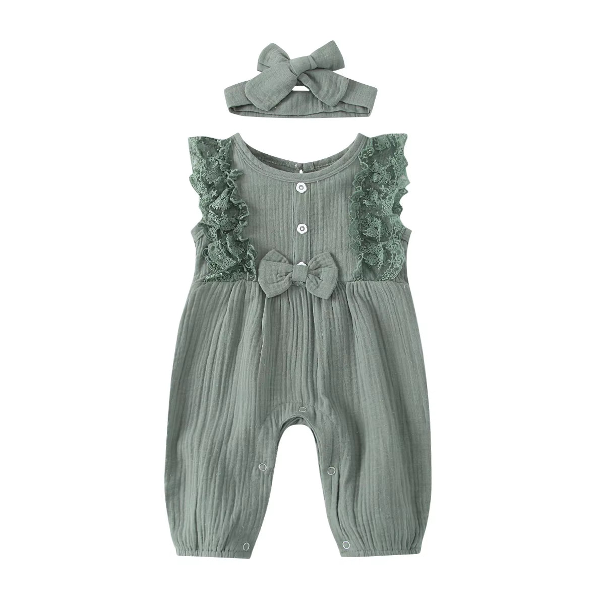 LunaLinen – Baby Girl Cotton Romper & Headdress Set