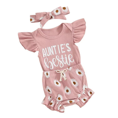 Newborn Baby Girl Summer 3Pcs Set Outfits Aunties Bestie Romper Daisy Shorts Headband Baby Clothes for Girls 0-18M